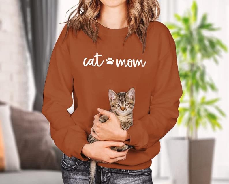 Мачка мама џемпер жени мачка мама кошула симпатична мачка долга ракав буква печати маички врвови