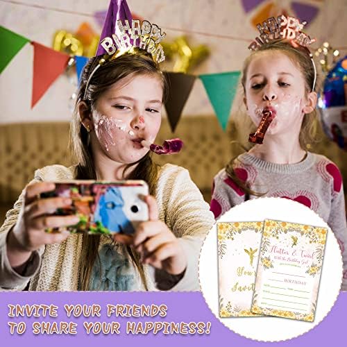 Покани за покани за роденденска забава за бајки, деца магична самовила роденден, двојно еднострано пополнување на цвеќиња за девојчиња,