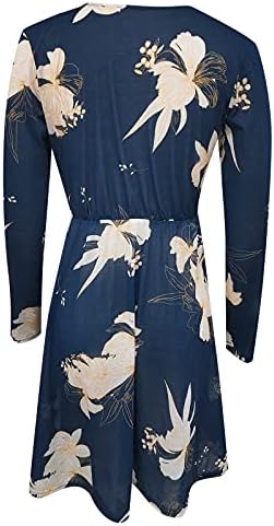 Женски миди фустани v вратот есенски фустани со долги ракави сонце фустани моден печатен фустан од плажа, фустан со копчиња