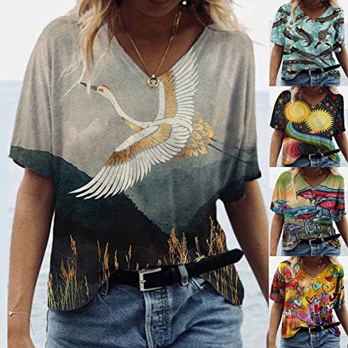 Женски врвови облечени обични модни печатени маички со екипаж со кратки ракави лабави вградени маички летни туники блузи