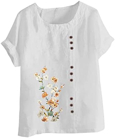 Плус големина памучни постелнина кошули жени цветни печати кратки ракави на врвови модни обични екипаж преголеми маички блузи