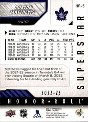 2022-23 Горна палуба Хонор Рол HR-5 Остон Метјус Торонто јавор лисја NHL хокеј за трговија со картички