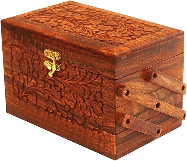 Бнххуб рачно изработена Дрвена Кутија За Накит | 3 Нивоа Вистинска Кутија За Накит Од Природно Дрво Со Убава Мека Црвена Кадифена Постава