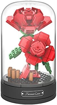Јаки музичка кутија Цвеќиња Градење на розови рози ботанички колекција градежни блокови за возрасни DIY подароци за мајка/девојчиња/девојка/нејзина/жена