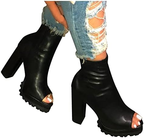 haoricu отворени пети чизми за жени бурни потпетици дами мода кожа пип пети клин облечена пумпа со средни чизми за теле