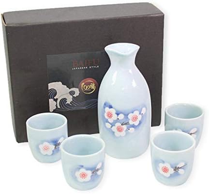 Светло сино бело цвеќе Јапонски порцелан Поставете со 4 чаши 1 Декантер / шише / карафе