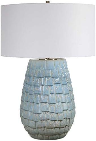 Мојот заматен дом елегантен големо плочки керамички пастелни сини маса ламба современо рустикално бело
