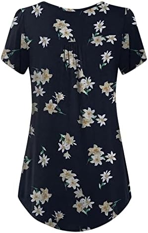 Врвови за жени, чипка крпеница екипаж маици за вратот лето цветни печати кратки ракави маички лабава проточна блуза