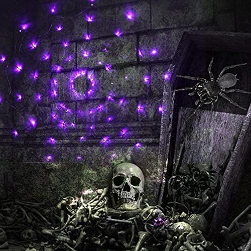 Ztuony Ноќта на вештерките Спајдер веб -светла Виолетова 23,6inch 60 LED пајак веб -веб -страница Запалена батерија управувана
