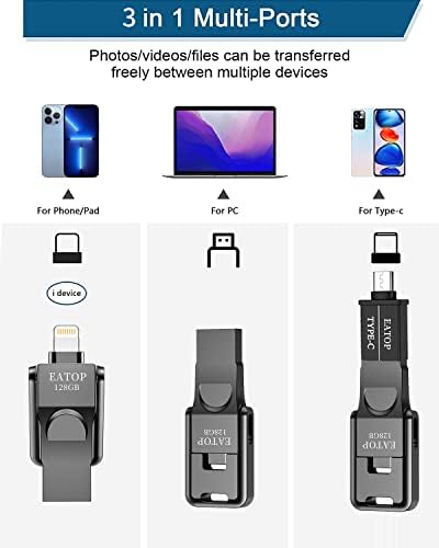 Eatop 128 GB Фото -стап за флеш -уред на iPhone, iPhone Memory Stick Thumbs Drives Надворешно складирање компатибилен со iPhone/iPad/Android/PC