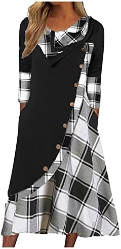 Фустан за забава на Нокмопо за жени плус големина мода карирано копче за зашивање џебови на вратот со долг ракав фустан