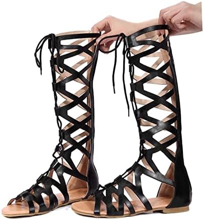 Xipcokm високи сандали за чизми за жени летни модни влечки влечки чипкани колени рамни сандали на отворено сандали слајдови чевли