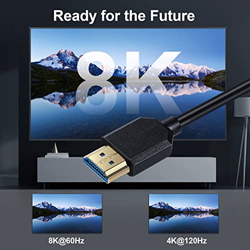 MySruida 1FT 8K HDMI 2.1 верзија кабел, 90 степени лев агол HDMI 8K машки до HDMI 8K машки адаптер кабел, OD 4mm тенок ултра HD HDMI кабел,