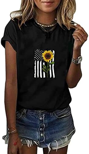 Американска маичка со знаме за жени печати кратки ракави на блуза Ден на Денот на независност на врвови 2023 летни обични кошули