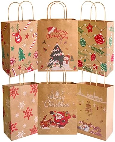 Ансти 24 парчиња Божиќни Торби За Подароци со Рачка 6 стилови Класични Божиќни Отпечатоци Крафт Божиќни Добрите Чанти За Училници и