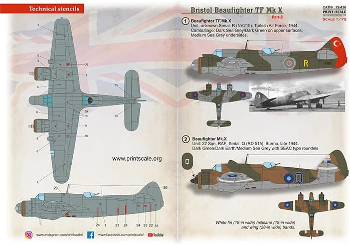 Скала за печатење 72-436 - 1/72 Бристол Beaufighter MK.X Дел 2, Влажна декларација на авиони