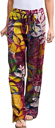Мајифу-ЏЕЈ Жени Цветни Печати Ленени Ремени Панталони Еластични Хипи Панталони Со Висок Струк Обични Плажа Широка Нога Дневна Панталони
