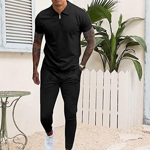 Esobo Mens Short Sneave Casual Polo Mirtидање и Long Pant поставува две парчиња летни облеки Zip Polo Tracksuit Set for Men S-XXL