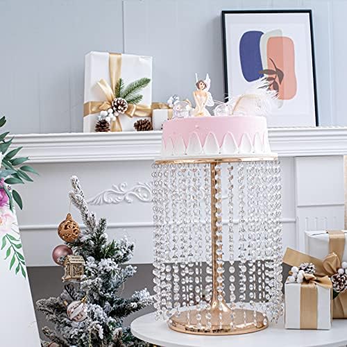 Тркалезна Метална Торта Стојат со кристални приврзоци и монистра, 12 Инчен Златен Торта Украсување Штанд Дисплеј Плоча За Десерт Маса, Свадба,