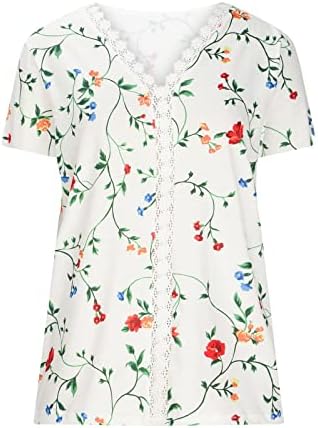 2023 летни врвови за жени мода цветни печатени чипка за крпење V-врат пуловер лабава лежерна маичка за блуза маички