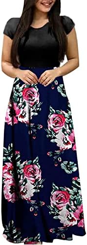 Maseенски моден печатен екипа на вратот со кратки ракави со кратки ракави со долги гроздобер цветни макси фустани фустан за