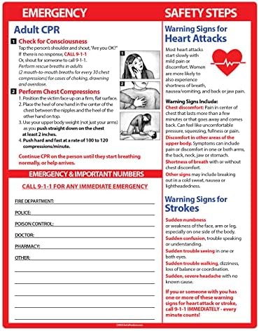 Возрасен CPR и срцев удар и мозочен удар, табела за спасување, брза референтна картичка за прва помош - 8,5 x 11 ламинирана со магнети