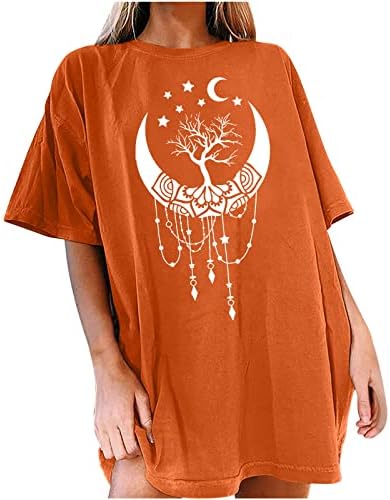 Sunенски краток ракав Сонцето и месечината печати преголема маица со маица Врвна капна капка рамо лабава блуза