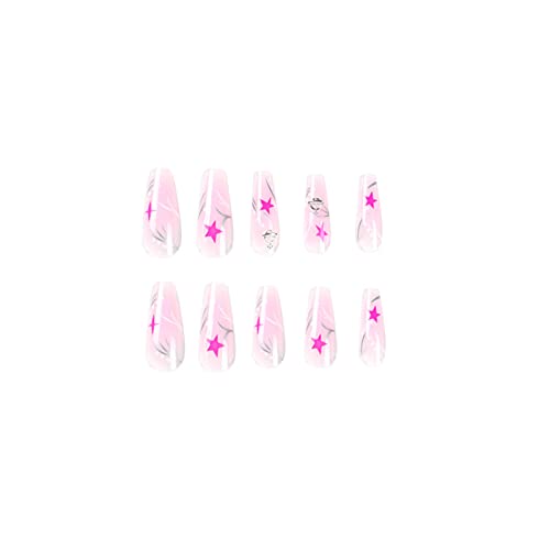 24 парчиња Розова Цветаат Ѕвезда Лажни Нокти Целосна Покривка Ковчег Долго Притискање На Ноктите Со Лепак За Жени И Девојки Нокти Уметност