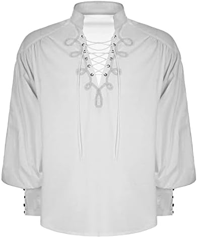Пиратски блузи за мажи ренесансни мажи мода случајна едноставна плус големина цврста боја стојат јака лента кошула врвна бела