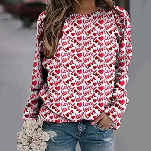LMSXCT Денот на в Valentубените кошули за жени разнобојни loveубовни срцето печатено џемпер, обична лабава екипаж врат графички