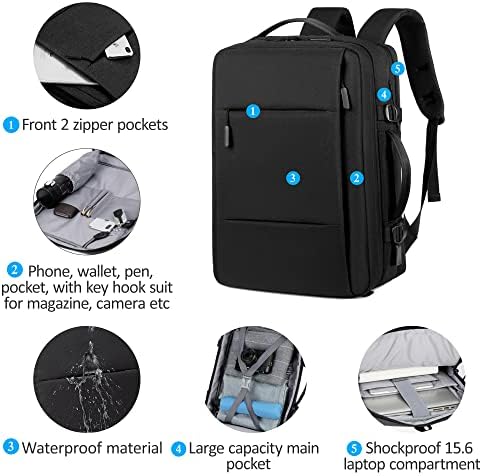 Ранец за лаптоп Tennola Travel за мажи, проширување на 35L носат на деловен ранец за патување, 17 инчи отпорни на вода колеџ училишна торба