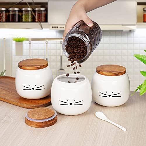 Керамички Канистер За Мачки Кулкатко Поставете Кафе Чај Шеќер Складирање Храна со Капак Од Бамбус За Кујнскиот Канистер Кружен Сет од 3