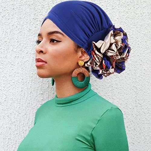 Womenените големи цветни турбани сина плетена шамија на главата затегнати капачиња на капакот на капачето за жени
