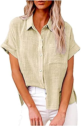 Обична кошула за блуза за жени лето есен за постелнина памук длабоко v turtleneck вратот копче надолу нагоре на блуза qh