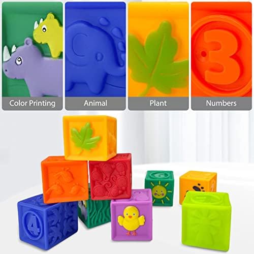 Градежни Блокови Играчки За Бебиња 3 Месеци и повеќе, Меко Стискање Сензорни Шарени Заби Џвакање Едукативни Редење Блокови СО 3д Врежани