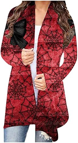 Ноќта на вештерките кардиган за жени 2023 година, дами плус големина отворена предна јакна палто со долги ракави печати обична лабава облека