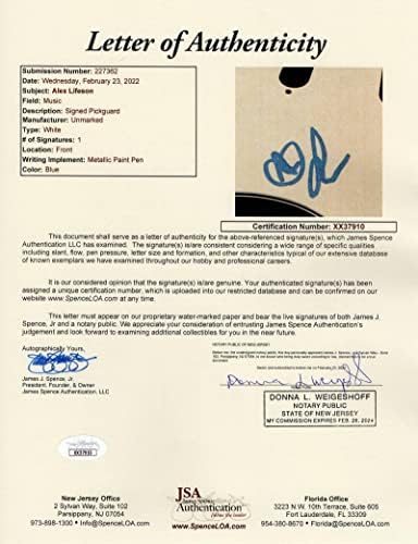 Алекс Лифесон потпиша автограм со целосна големина обичај еден-на-еден вид Фендер електрична гитара со Jamesејмс Спенс ЈСА Писмо