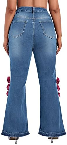 Lariau фармерки за жени со цветен џеб со високи половини, еластично лабаво копче Y2K истегнат фармерки панталони панталони сина