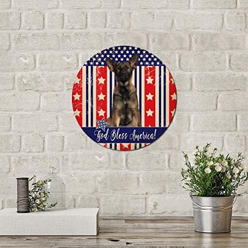 Смешен тркалезен метал знак за кучиња Патриотски САД знаме Господ благослови Америка ретро венец знак миленичиња кучиња врата