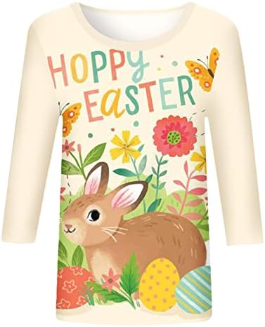 Womenените Велигденски јајца зајаци графички маички класични вклопуваат 3/4 ракав екипаж Туника врвови од одмор слатка блуза за тинејџери