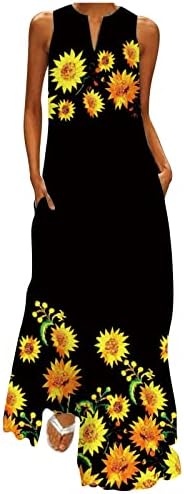 Petyczen цветни макси фустани за жени необични без ракави V вратот лето забава резервоарот Елегантен летен плажа одмор Сонце фустан