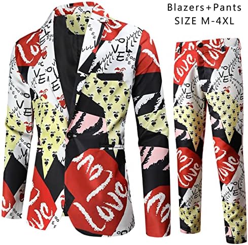 Менс 2 парчиња Обични облеки на мажите модни лежерни дводели со две парчиња, печатени панталони за палто, костуми меки