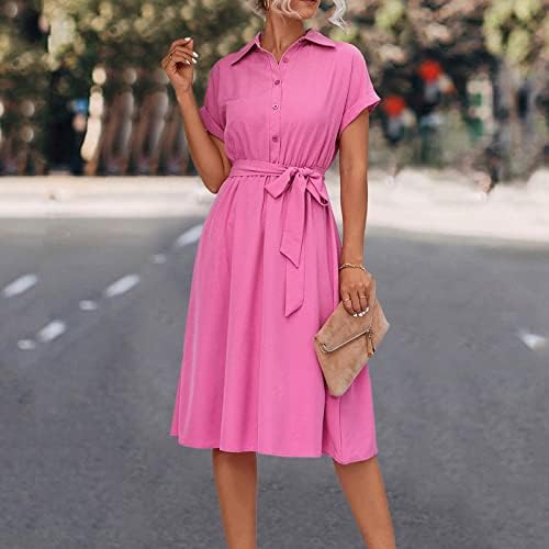 Wpoumv летни миди фустани за жени мода со краток ракав лапел против вратот облечен случај со цврста боја на цврста боја нагоре со појас