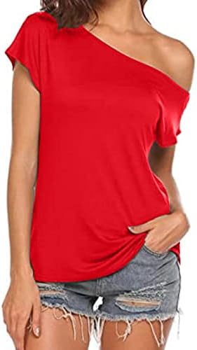 Женски кошули цврста боја коси јака од рамо маици лето секси удобни маички лесни врвови за кратки ракави