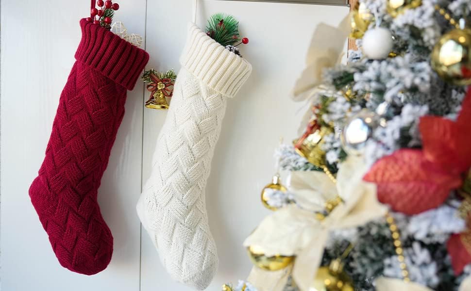 Розфорне плете Божиќни чорапи, 4 пакувања со големи димензии на бонбони за бонбони Персонализирана декорација ткаат Божиќни чорапи, класичен