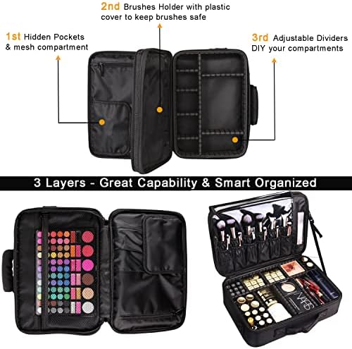 Случај ЗА Шминка ZFITEI, 13,58 Инчи 3 Слој Професионална Торба За Организатор На Шминка, Црна Козметичка Кутија Голем Капацитет