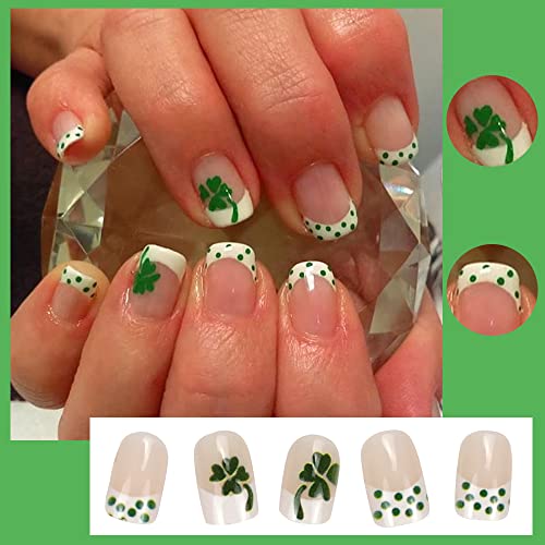 Hoxieya ST Patrick на ноктите кратки зелени лажни лажни нокти Француски врв на ноктите, зелен срамно -дизајн на ноктите за