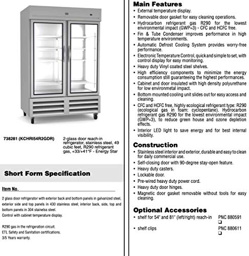 Kelvenator KCHRI54R2GDR Не'рѓосувачки челик дофат во комерцијален фрижидер, 2 стаклени врати, 49 Cu.ft