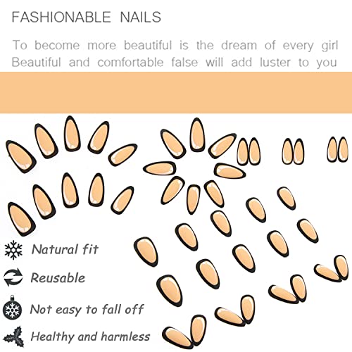 Бадем Притиснете На Ноктите Среден француски Врв Лажни Нокти Жолти Мат Акрилни Нокти Целосна Покривка Стап На Ноктите Графити
