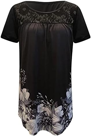 Летни цвеќиња печатени врвови за жени лабави вклопуваат чипка за шиење кошули, шупнат од кошули со маички од руфла тунична маичка